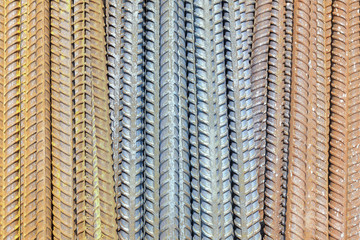 Rusty rebar steel used in construction background texture