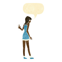 cartoon woman waving with speech bubble