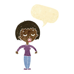 cartoon woman shrugging shoulders with speech bubble