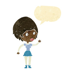 cartoon woman waving with speech bubble