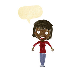 cartoon woman shrugging shoulders with speech bubble