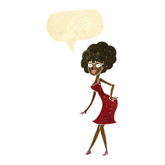 cartoon woman posing in dress with speech bubble