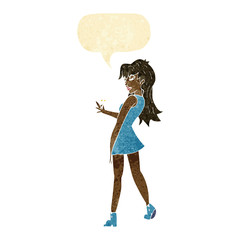 cartoon woman posing in dress with speech bubble