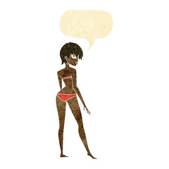 cartoon woman in bikini with speech bubble