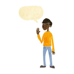 cartoon waving man with speech bubble