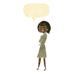 cartoon woman in trench coat with speech bubble