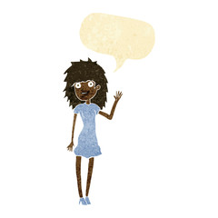 cartoon happy woman waving with speech bubble
