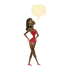 cartoon woman in party dress with speech bubble