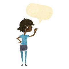 cartoon friendly girl waving with speech bubble