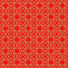 Golden seamless Chinese window tracery lattice geometry star cross pattern background.
