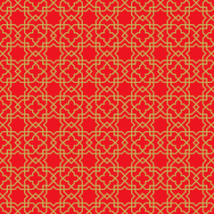 Golden seamless Chinese window tracery lattice geometry star cross pattern background.
