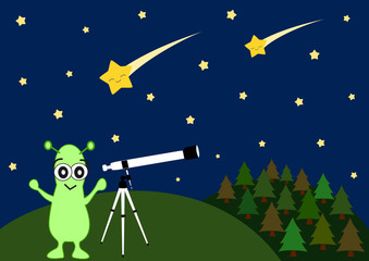 Naklejka premium cute cartoon alien watching falling stars with telescope vector illustration