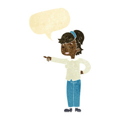cartoon friendly woman pointing with speech bubble
