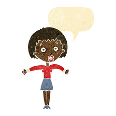 cartoon woman shrugging shoulders with speech bubble