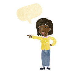 cartoon woman pointing with speech bubble