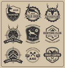 Set of monochrome animal hunting and adventure badge logo design for emblem logo, label design, insignia, sticker || Vector illustration resize able and all types use free font