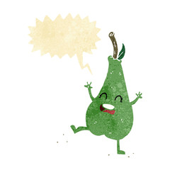 cartoon happy dancing pear with speech bubble