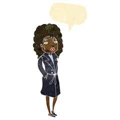cartoon woman in trench coat with speech bubble