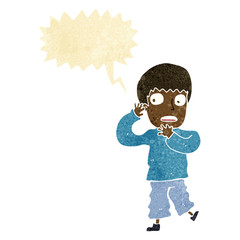 cartoon frightened boy with speech bubble