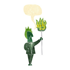 cartoon devil with pitchfork with speech bubble