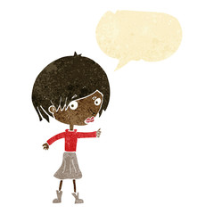 cartoon woman raising eyebrow with speech bubble