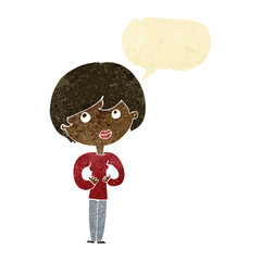 cartoon woman making Who Me? gesture with speech bubble