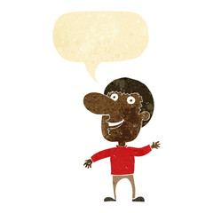 cartoon waving man with speech bubble