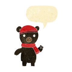 cartoon waving black bear with speech bubble