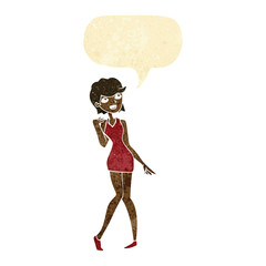 cartoon woman in cocktail dress with speech bubble