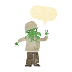 cartoon cool alien with speech bubble