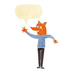 cartoon waving fox man with speech bubble