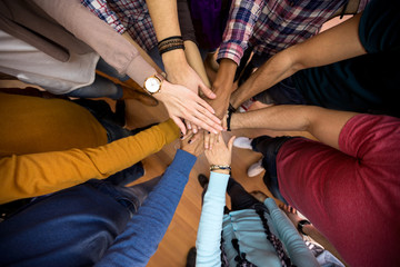 All hands together, racial equality in team - obrazy, fototapety, plakaty