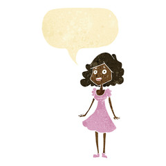 cartoon happy woman in dress with speech bubble