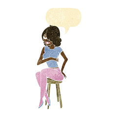 cartoon woman sitting on bar stool with speech bubble