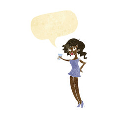 cartoon woman at party with speech bubble