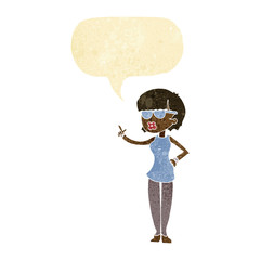 cartoon woman wearing spectacles with speech bubble