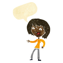 cartoon woman laughing and pointing with speech bubble