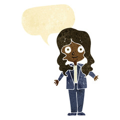 cartoon friendly business woman with speech bubble