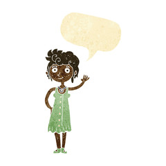 cartoon hippie woman waving with speech bubble