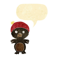 cartoon cute black bear in hat with speech bubble