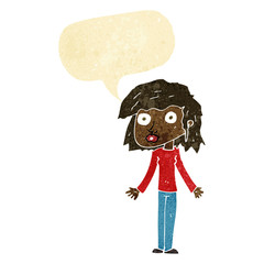 cartoon girl shrugging shoulders with speech bubble