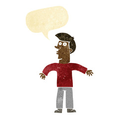 cartoon man shrugging shoulders with speech bubble