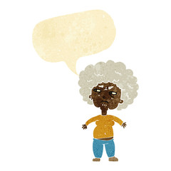 cartoon annoyed old woman with speech bubble