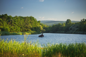 Sport boat sailing in the river through the summer day