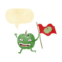 cartoon apple with flag with speech bubble