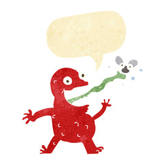 cartoon frog catching fly with speech bubble