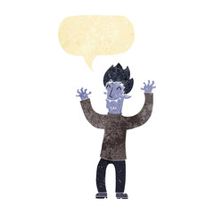 cartoon happy vampire man with speech bubble