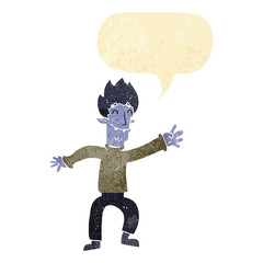 cartoon happy vampire man with speech bubble