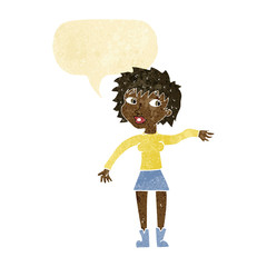 cartoon friendly woman waving with speech bubble