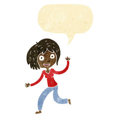 cartoon happy waving girl with speech bubble